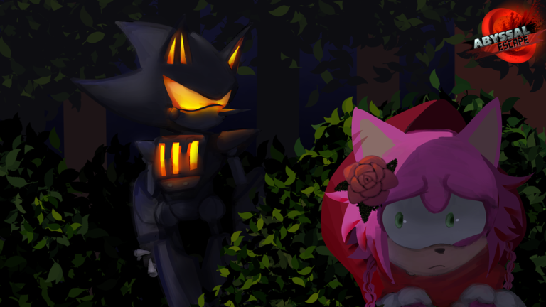 Abyssal Escape thumbnail of a dark figure with glowing eyes in a night forest behind a pink-haired character.